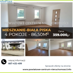 Biała Piska mieszkanie bezczynszowe, 4 pokoje, prywatne podwórko.