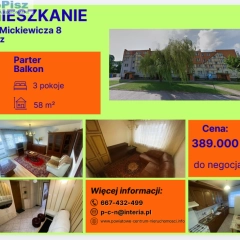 Mieszkanie 3 pokoje, parter, balkon– Pisz, ul. Mickiewicza 8