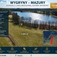 Działka rolna z linią brzegową jeziora Wygryny, gm Ruciane Nida 